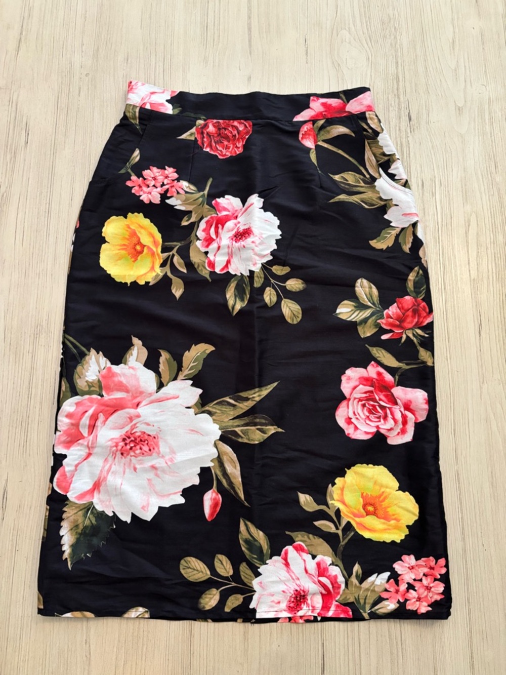 Eshakti Black Floral Pencil Dupioni Skirt with Pink & Yellow Blooms